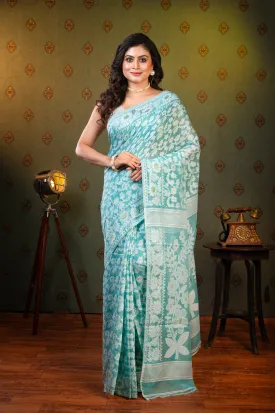 Women Turquoise Blue Cotton Jamdani Saree With Off-White Floral Woven Motifs