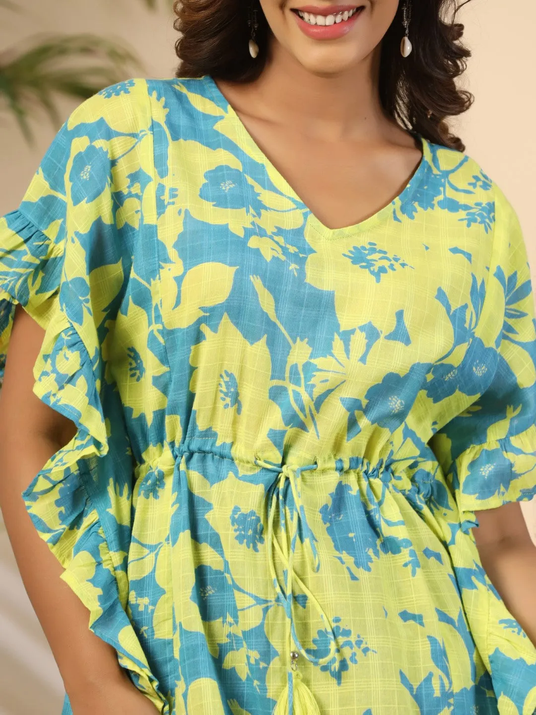 Women Turquoise Cotton Dobby Floral Tunic