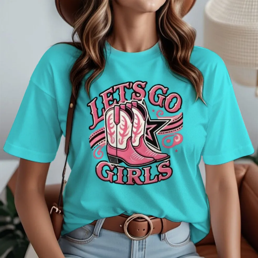 Women Western Cowboy Style Let's Go Cowgirls Print Graphic T-shirt