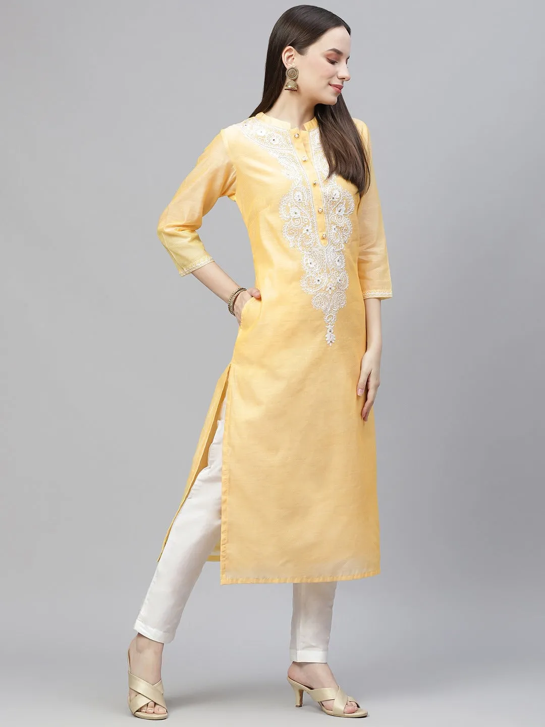 Women Yellow & White Ethnic Yoke Design Regular Aari Work Kurta With Trousers