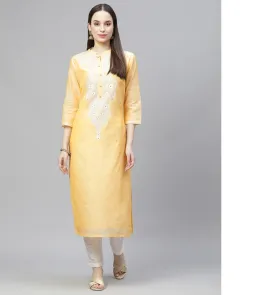 Women Yellow & White Ethnic Yoke Design Regular Aari Work Kurta With Trousers