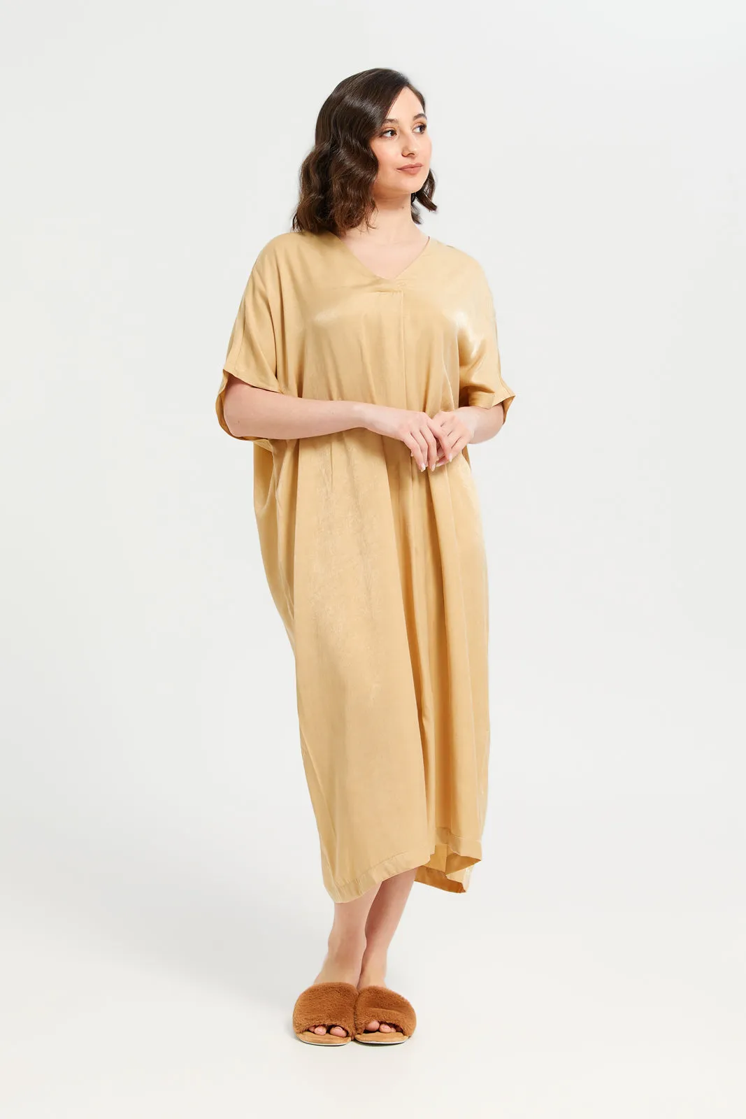 Women Yellow Solid Kaftan Satin Nightgown