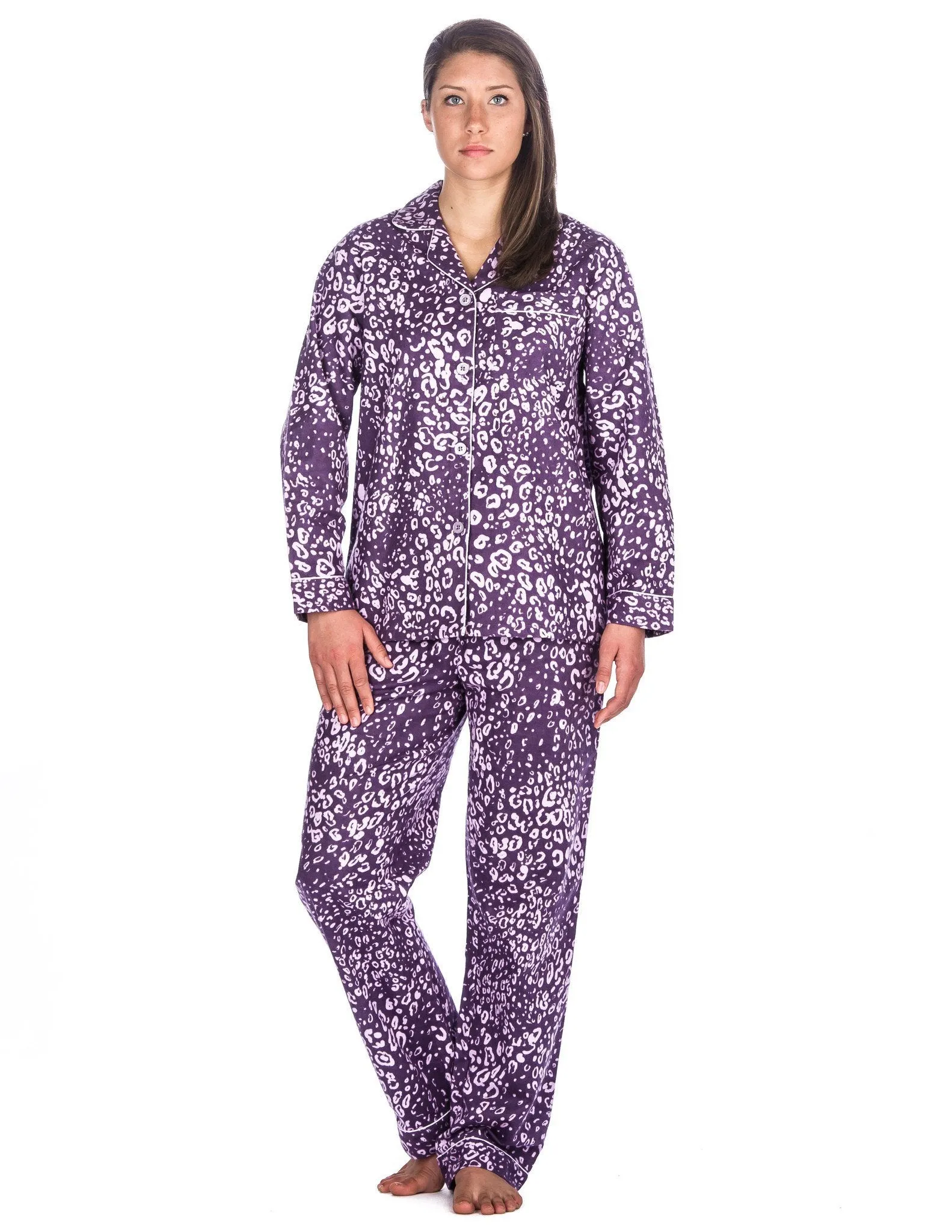 Womens 100% Cotton Flannel Pajama Sleepwear Set - Relaxed Fit - Leopard Purple