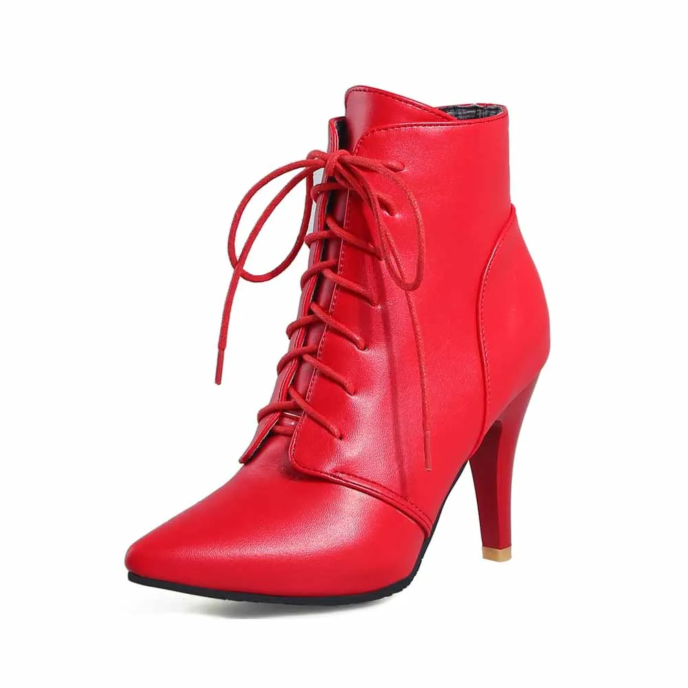 Women's Ankle boots Lace Up Pointed Toe High Heels Short Booties