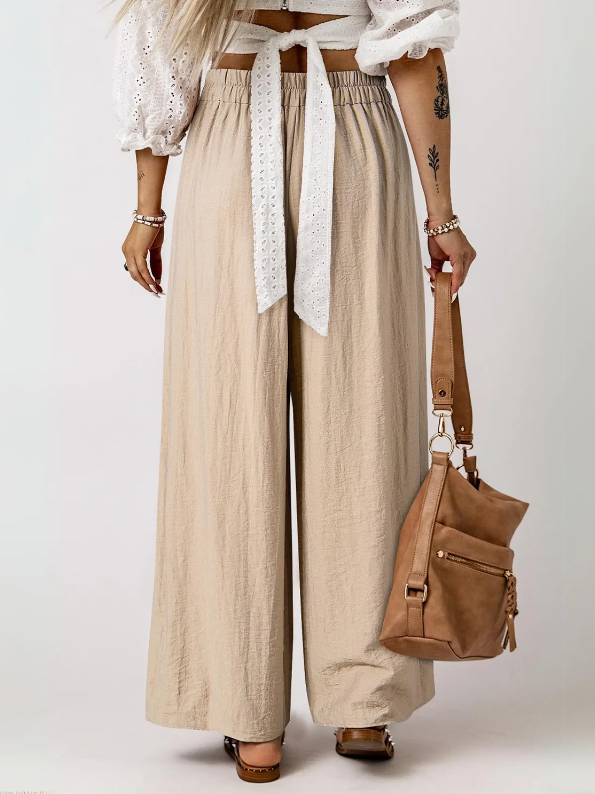 Womens Beige Drawstring Waist Pleated Wide Leg Casual Pants