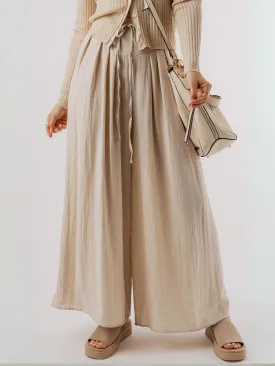 Womens Beige Drawstring Waist Pleated Wide Leg Casual Pants