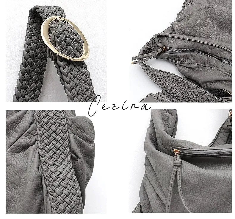 Women's Big Casual Hobo Shoulder Bag with Woven Buckle Strap