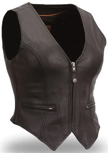 Women's Black Leather Motorcycle Vest with Hourglass Fit & Zip Front