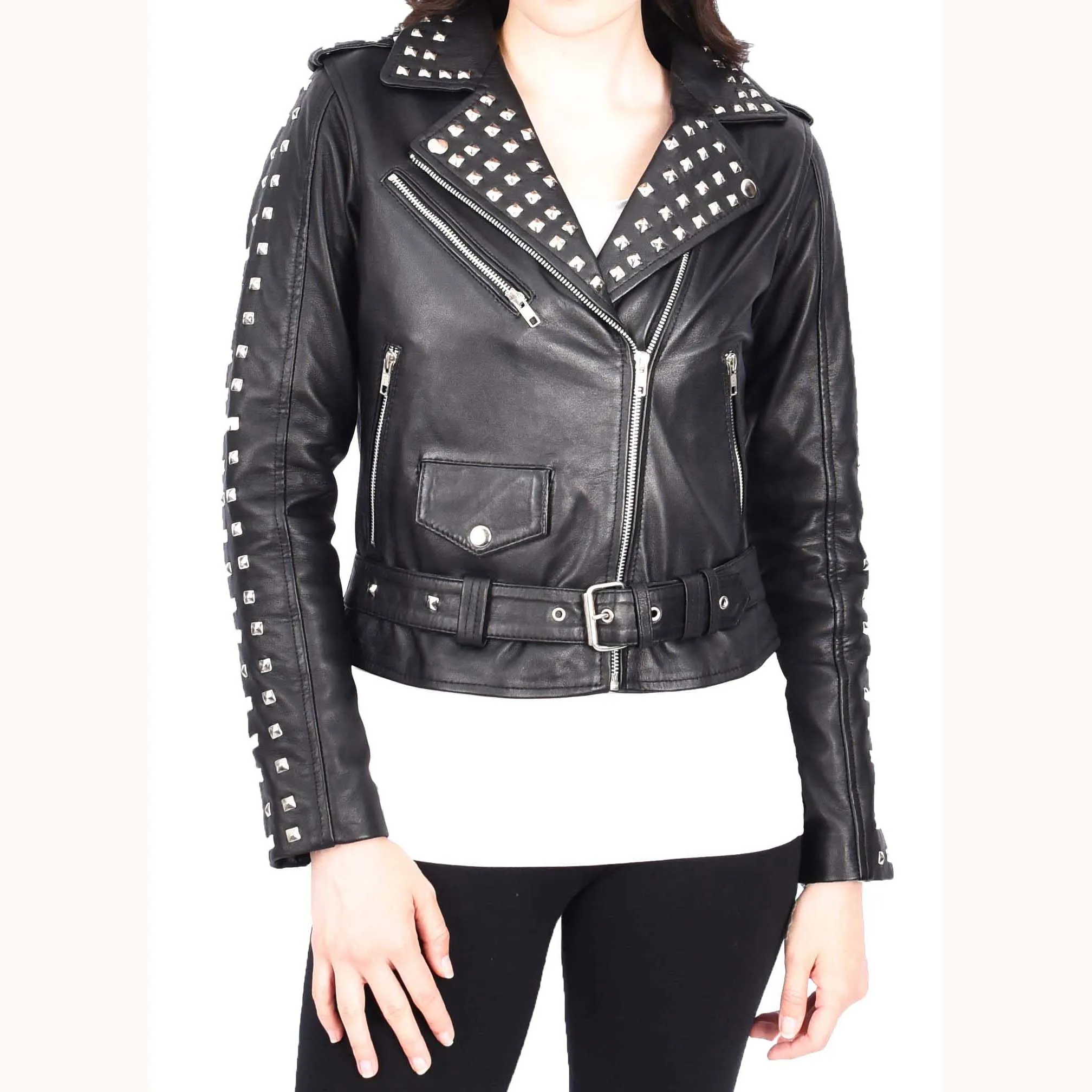 Womens Black Leather Studded Biker Jacket Fitted Brando Style - Stella