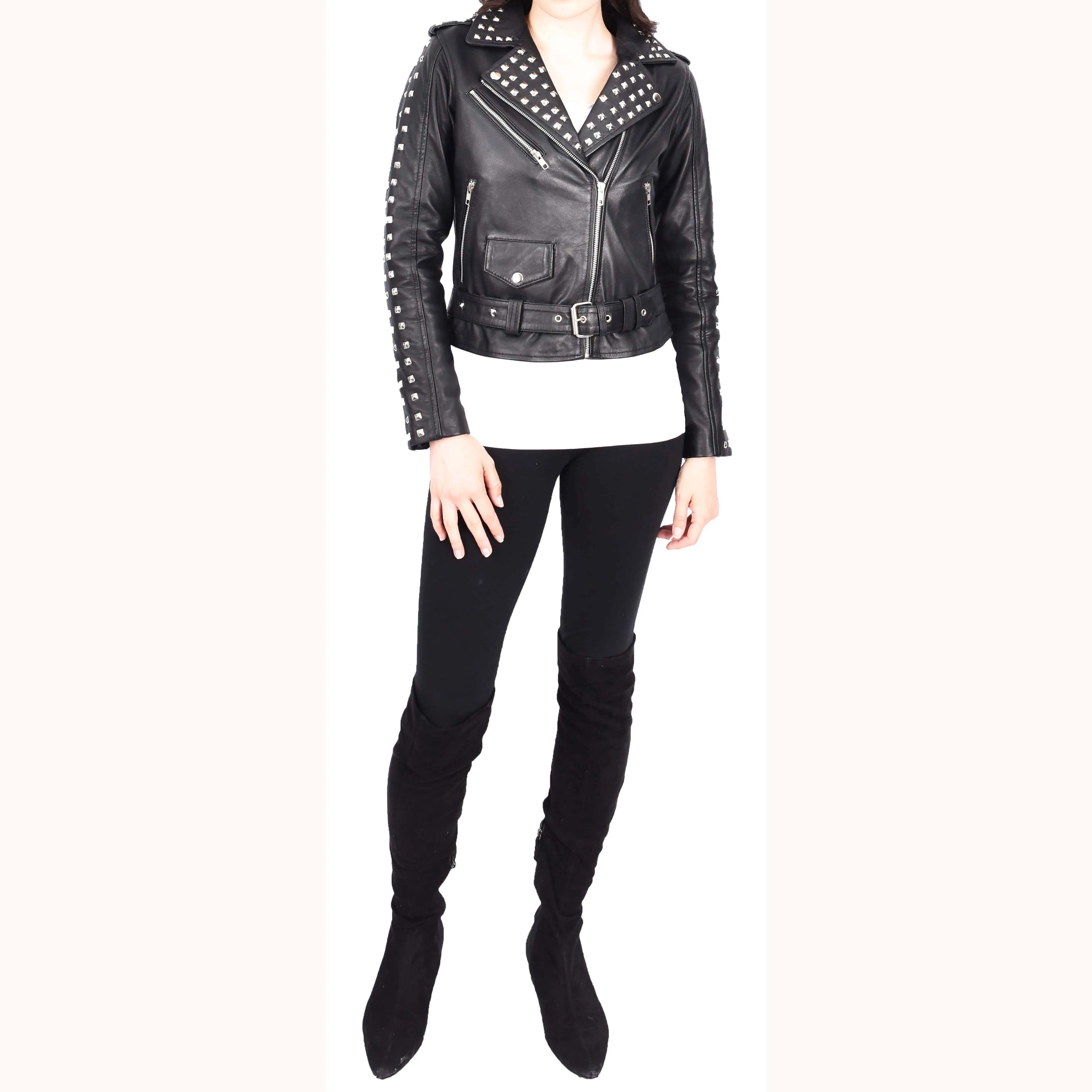 Womens Black Leather Studded Biker Jacket Fitted Brando Style - Stella