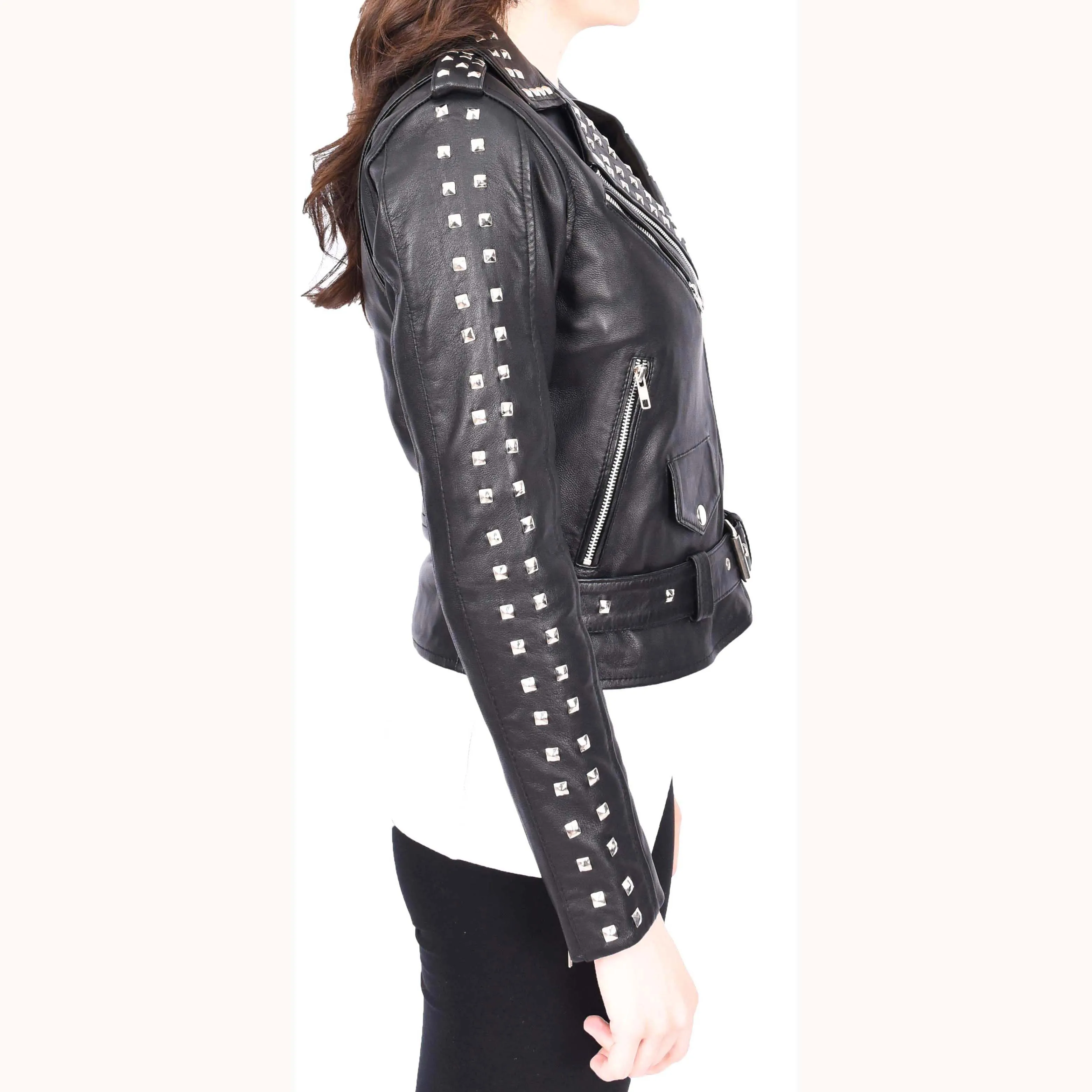 Womens Black Leather Studded Biker Jacket Fitted Brando Style - Stella