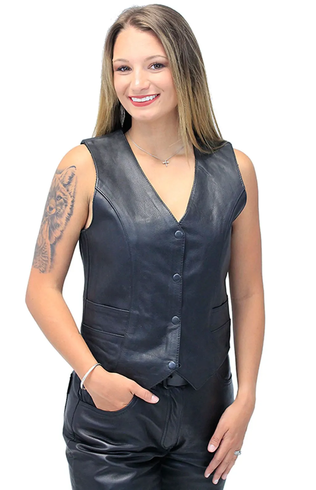 Women's Black Leather Vest with Concealed Pockets #VL2658GK ()