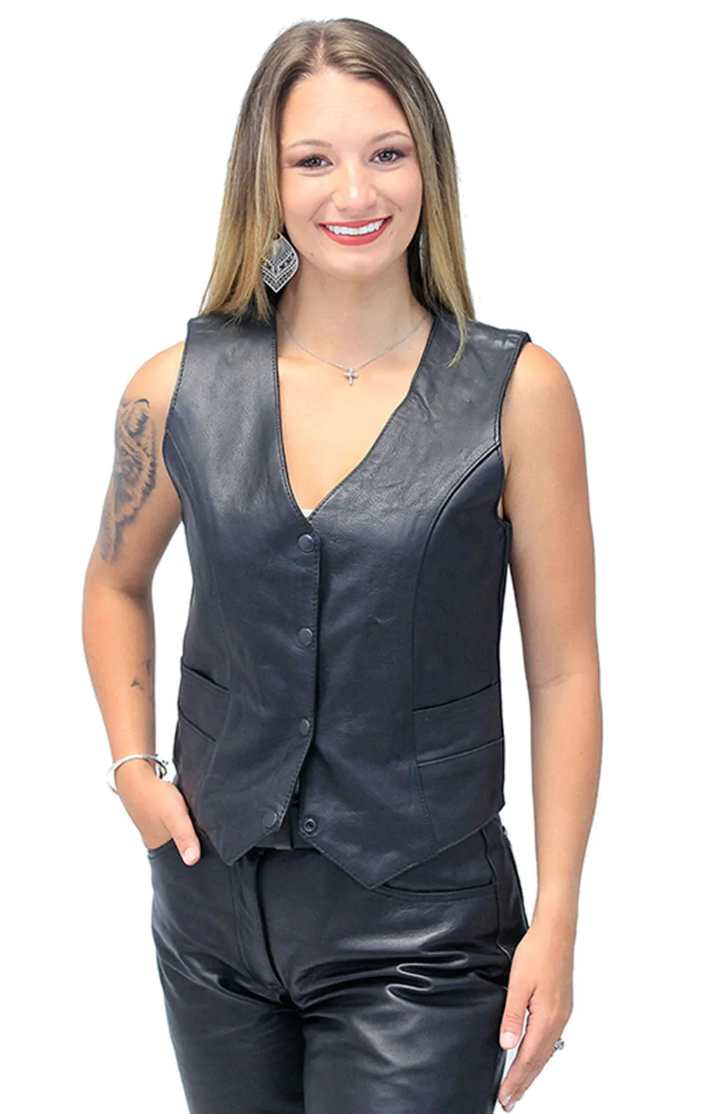 Women's Black Leather Vest with Concealed Pockets #VL2658GK ()