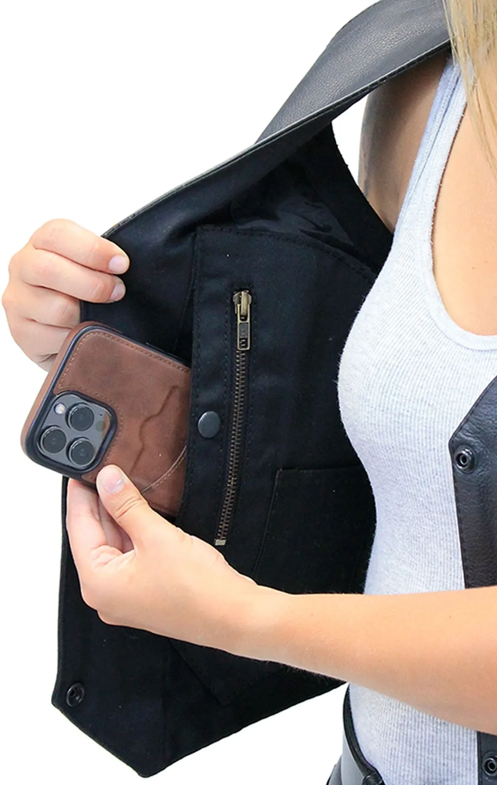 Women's Black Leather Vest with Concealed Pockets #VL2658GK ()