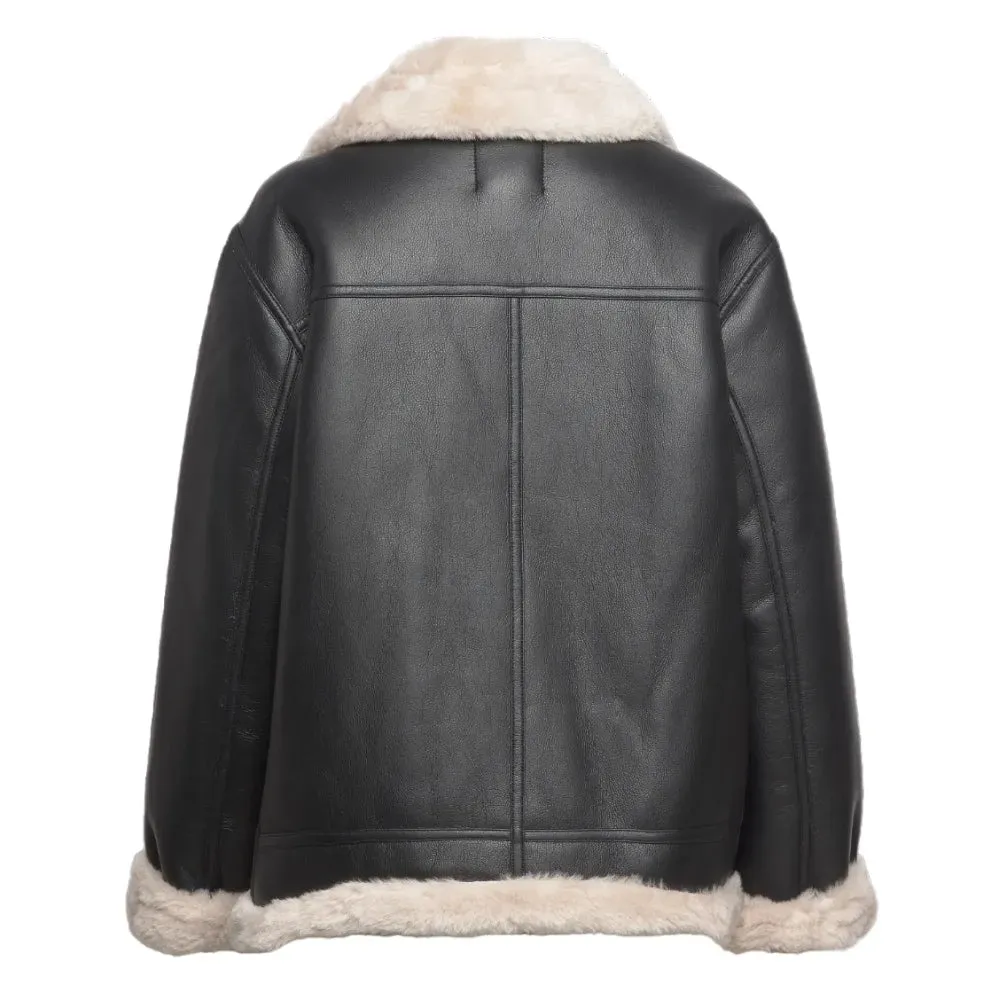 Womens Black Shearling Lined Leather Jacket