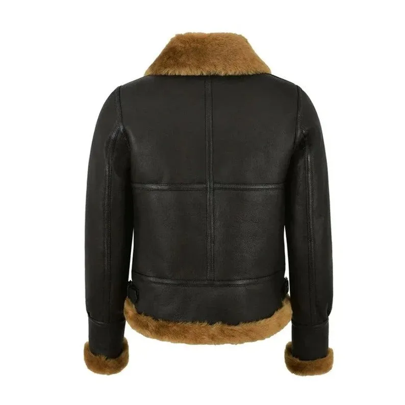 Women's Brown/Black Aviator Biker Genuine Shearling Leather Jacket