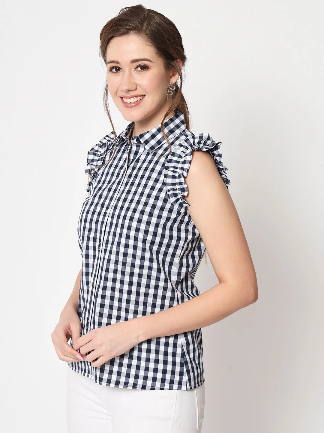 Women's Checked Flutter Sleeve Shirt Style Top