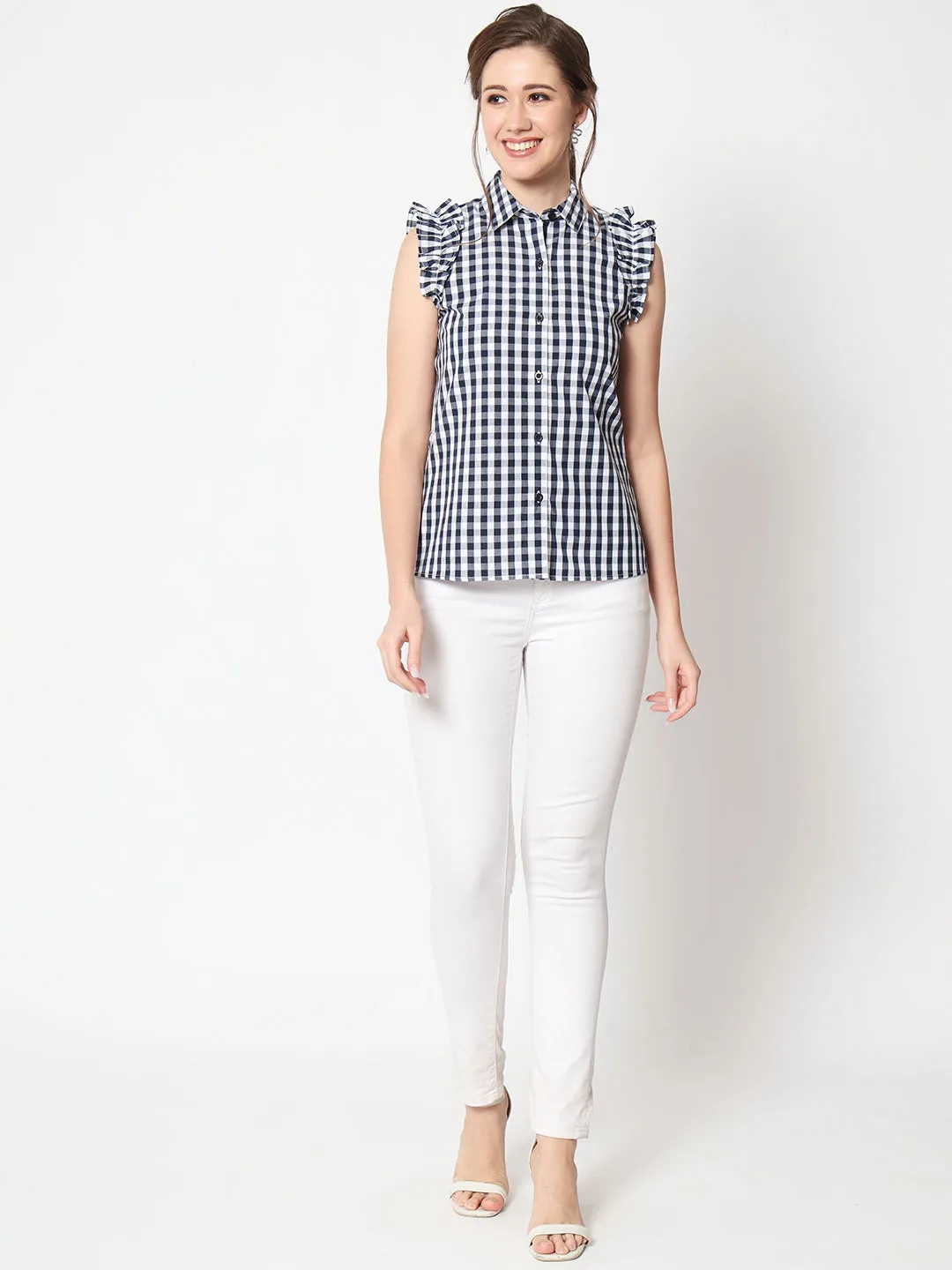 Women's Checked Flutter Sleeve Shirt Style Top