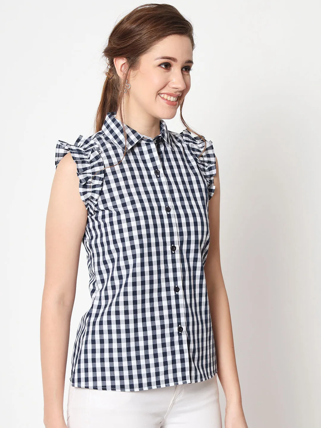 Women's Checked Flutter Sleeve Shirt Style Top