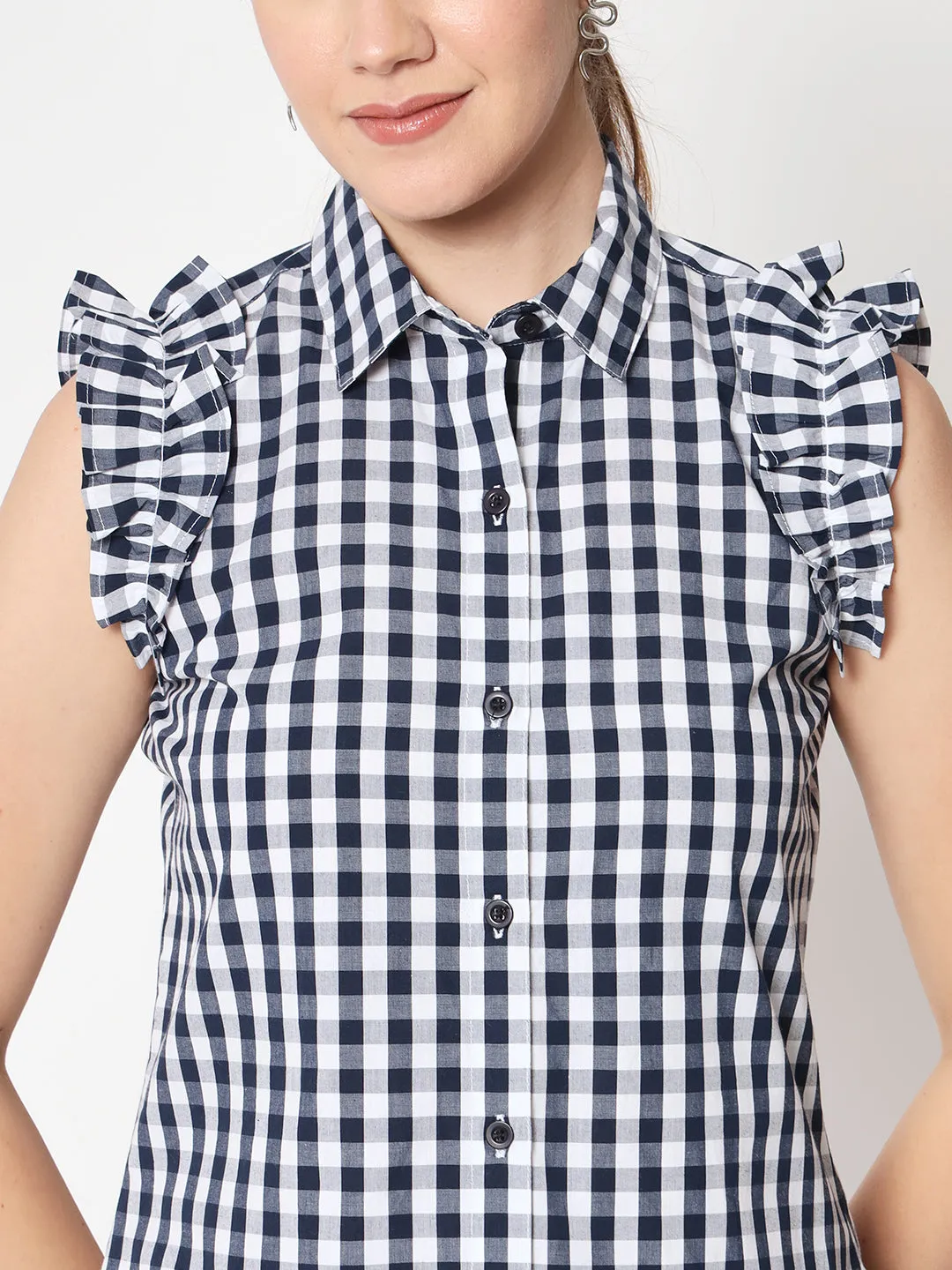 Women's Checked Flutter Sleeve Shirt Style Top