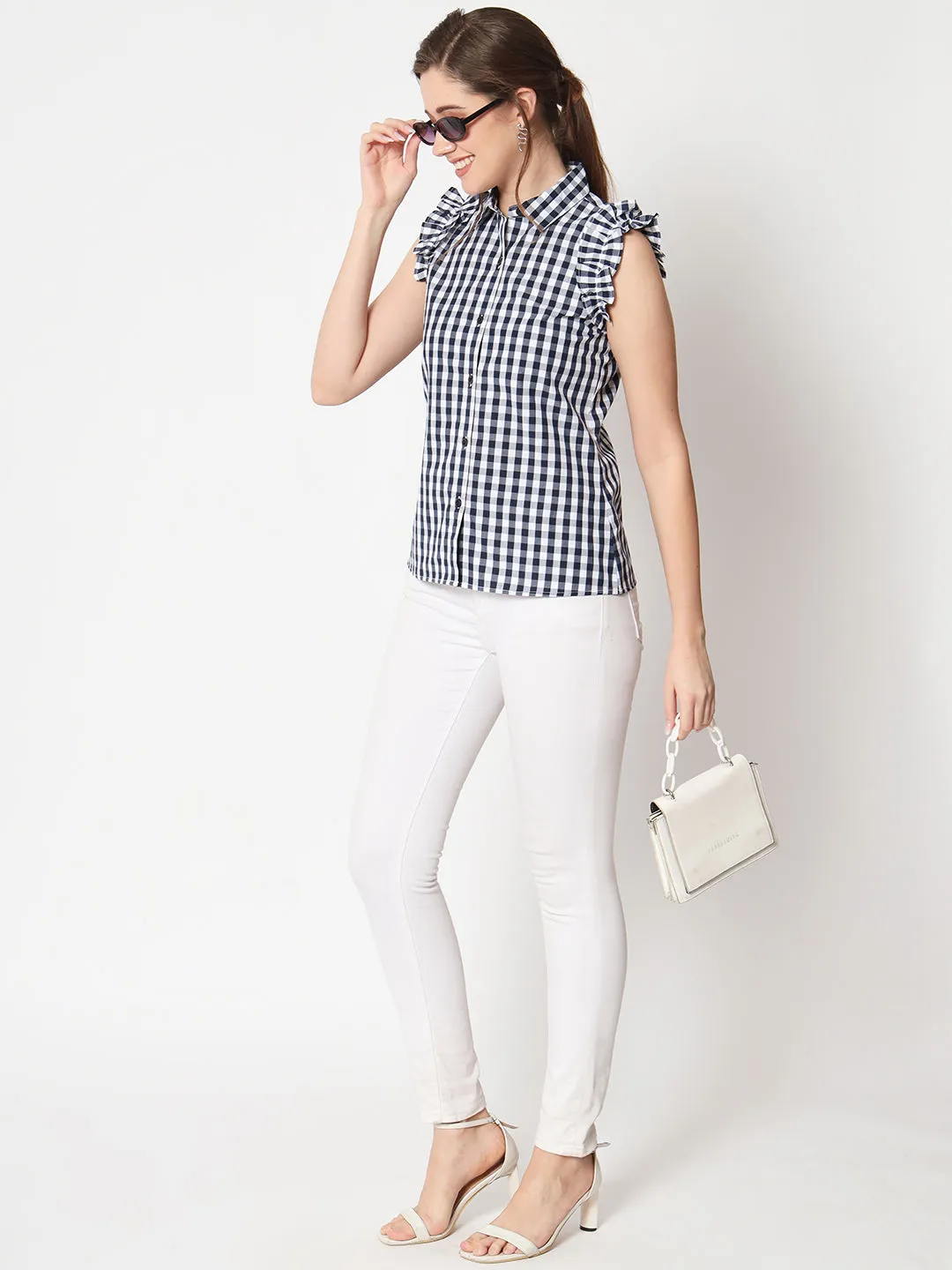 Women's Checked Flutter Sleeve Shirt Style Top