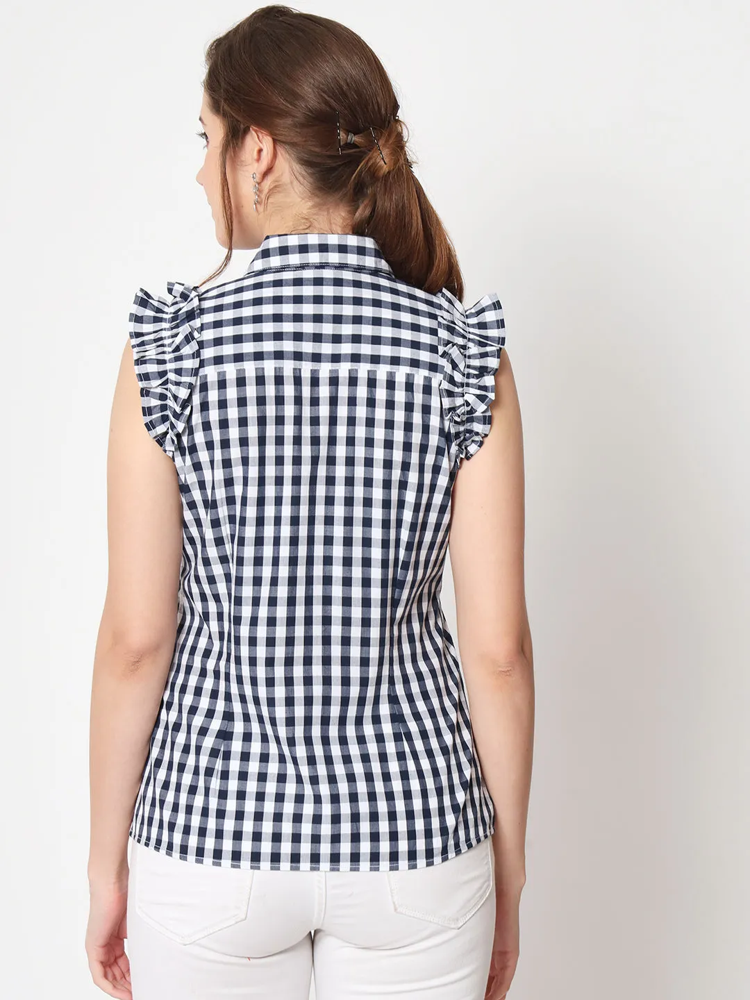 Women's Checked Flutter Sleeve Shirt Style Top