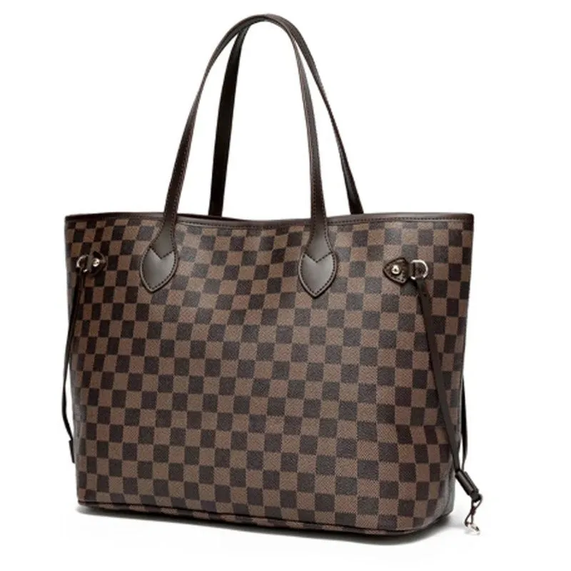 Women's Checkered Tote Bag PU Vegan Leather Satchel with Inner Pouch