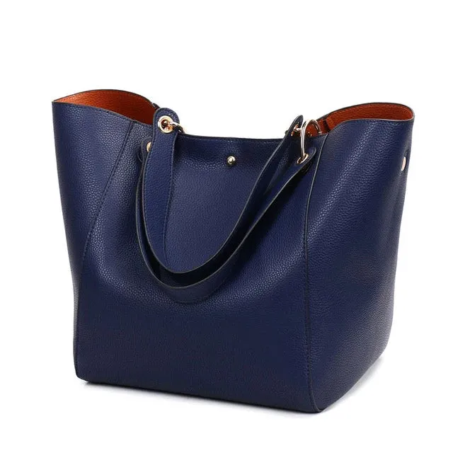 Women's Classic Large Vegan Leather Bucket Tote Handbag