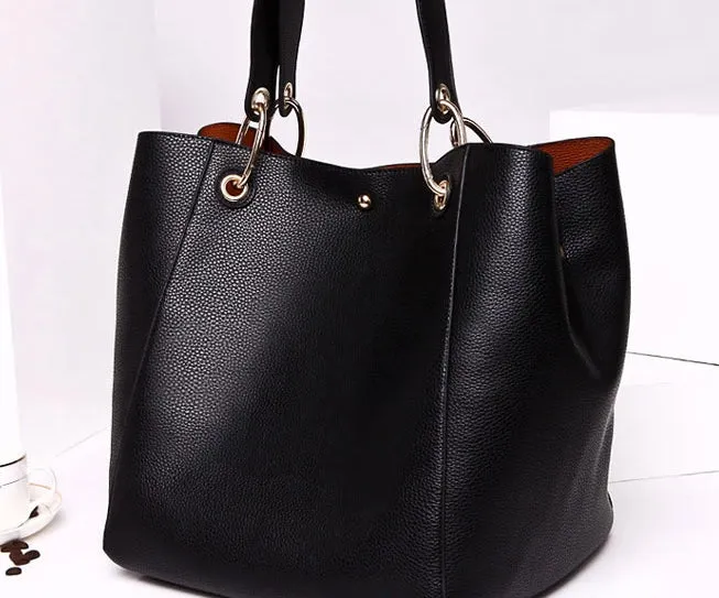 Women's Classic Large Vegan Leather Bucket Tote Handbag