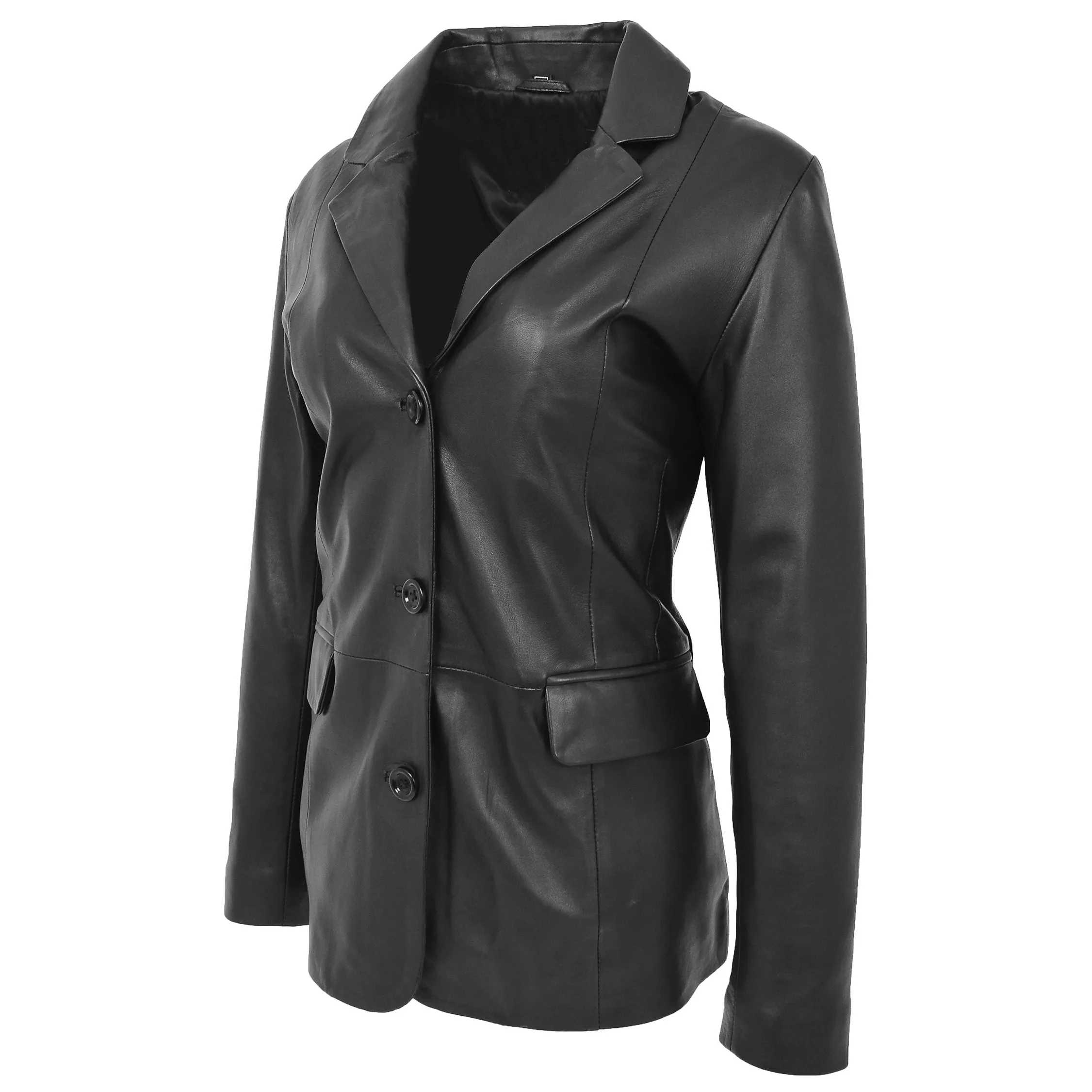 Womens Classic Three Button Leather Blazer Janet Black