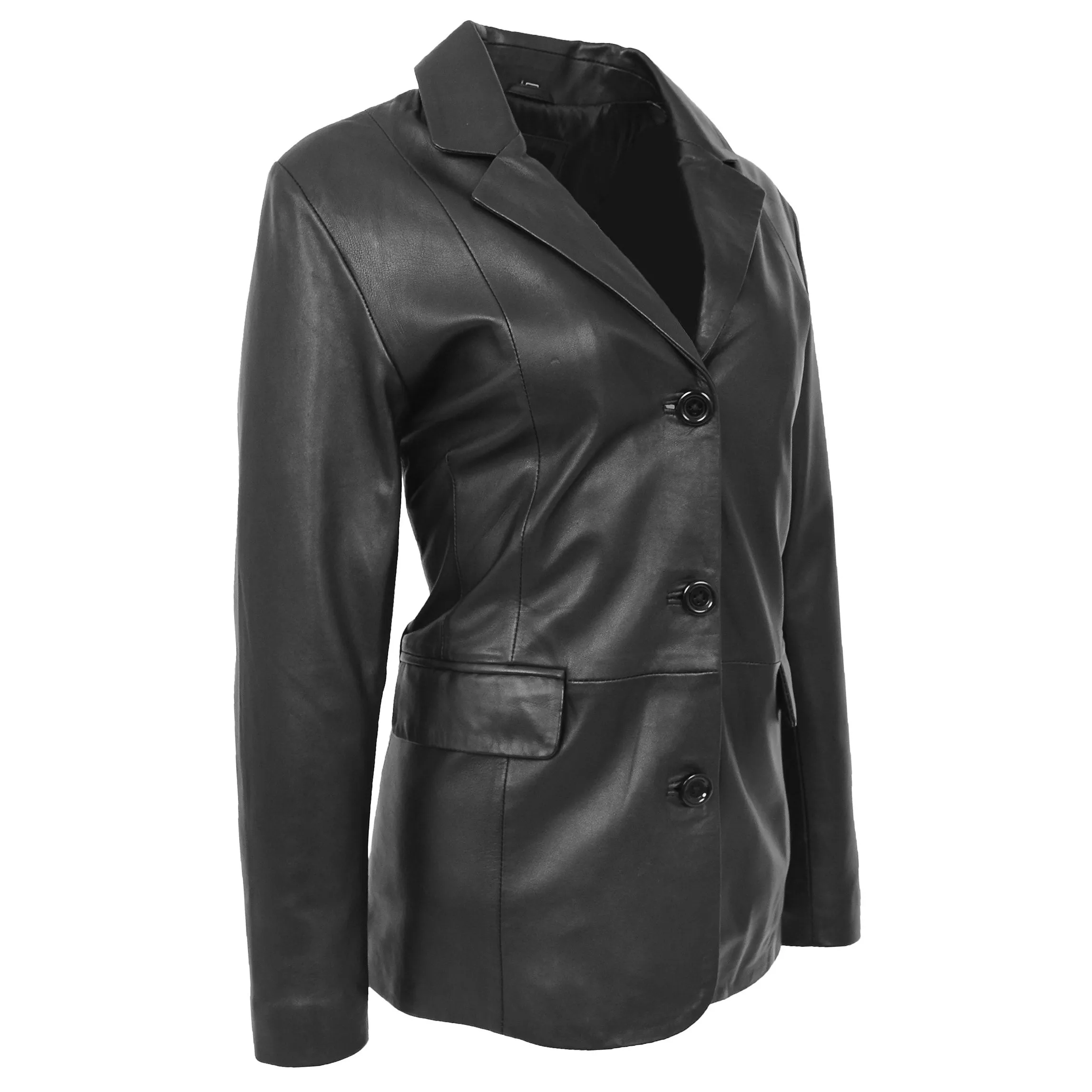 Womens Classic Three Button Leather Blazer Janet Black