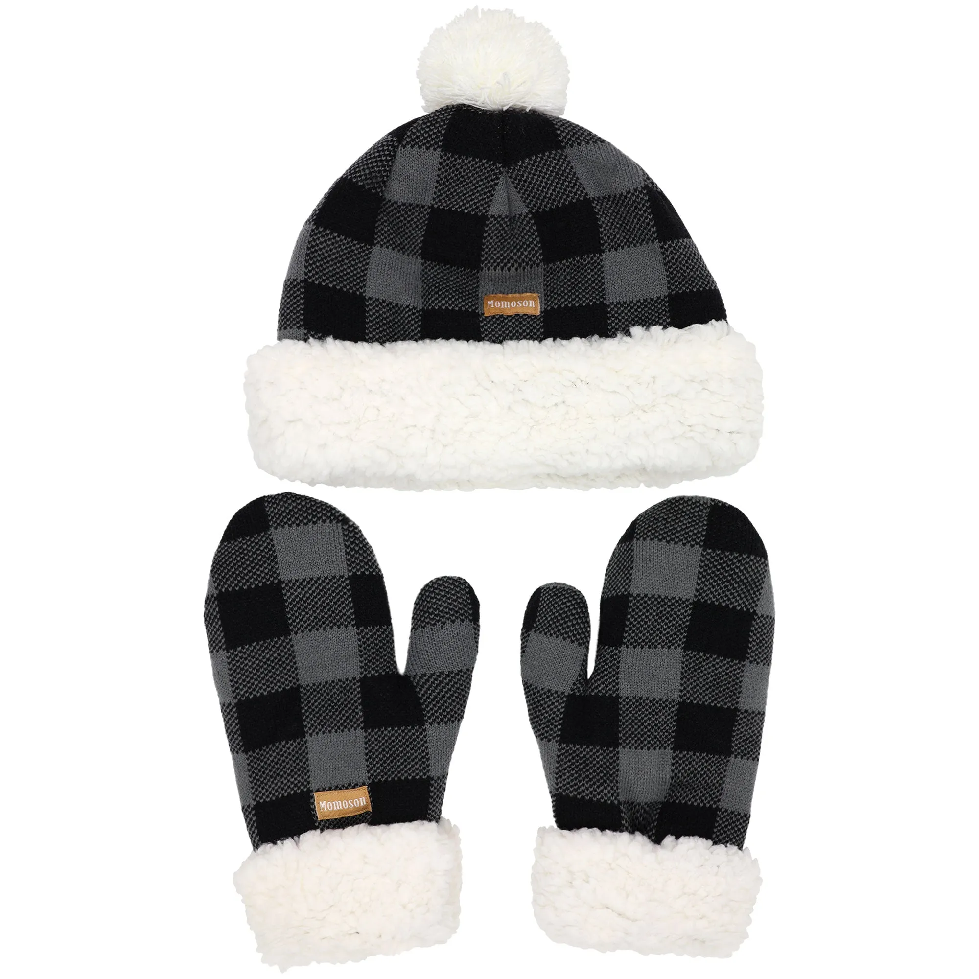 Women's Classic Winter Fleeced Thermal Pom Pom Beanie Hat and Mittens Set