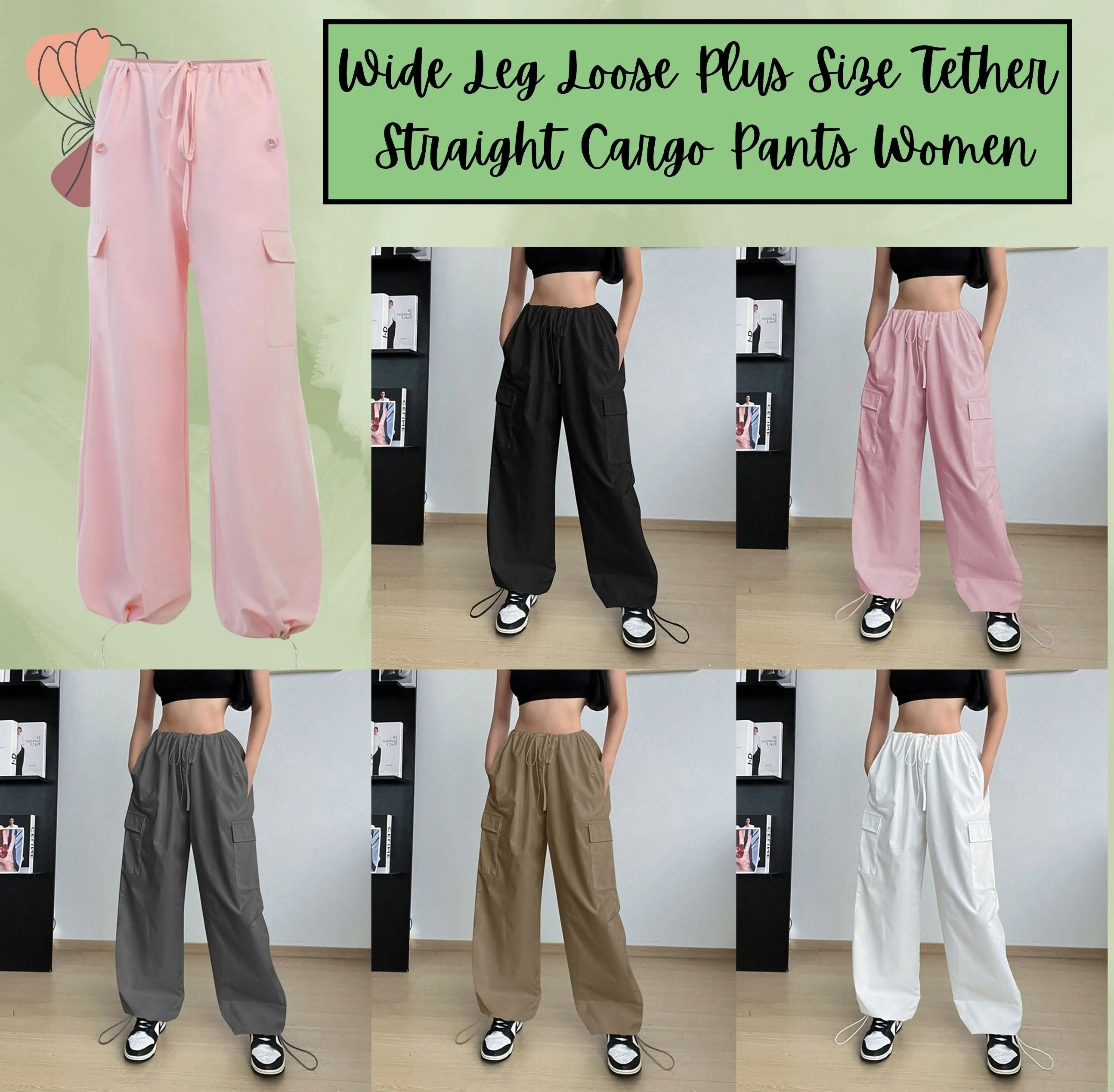 Women's Clothing Wide Leg Loose Plus Size Tether Straight Cargo Pants Women, Elastic Waist Pants, Baggy Cargo Pants, Casual Streetwear Pants