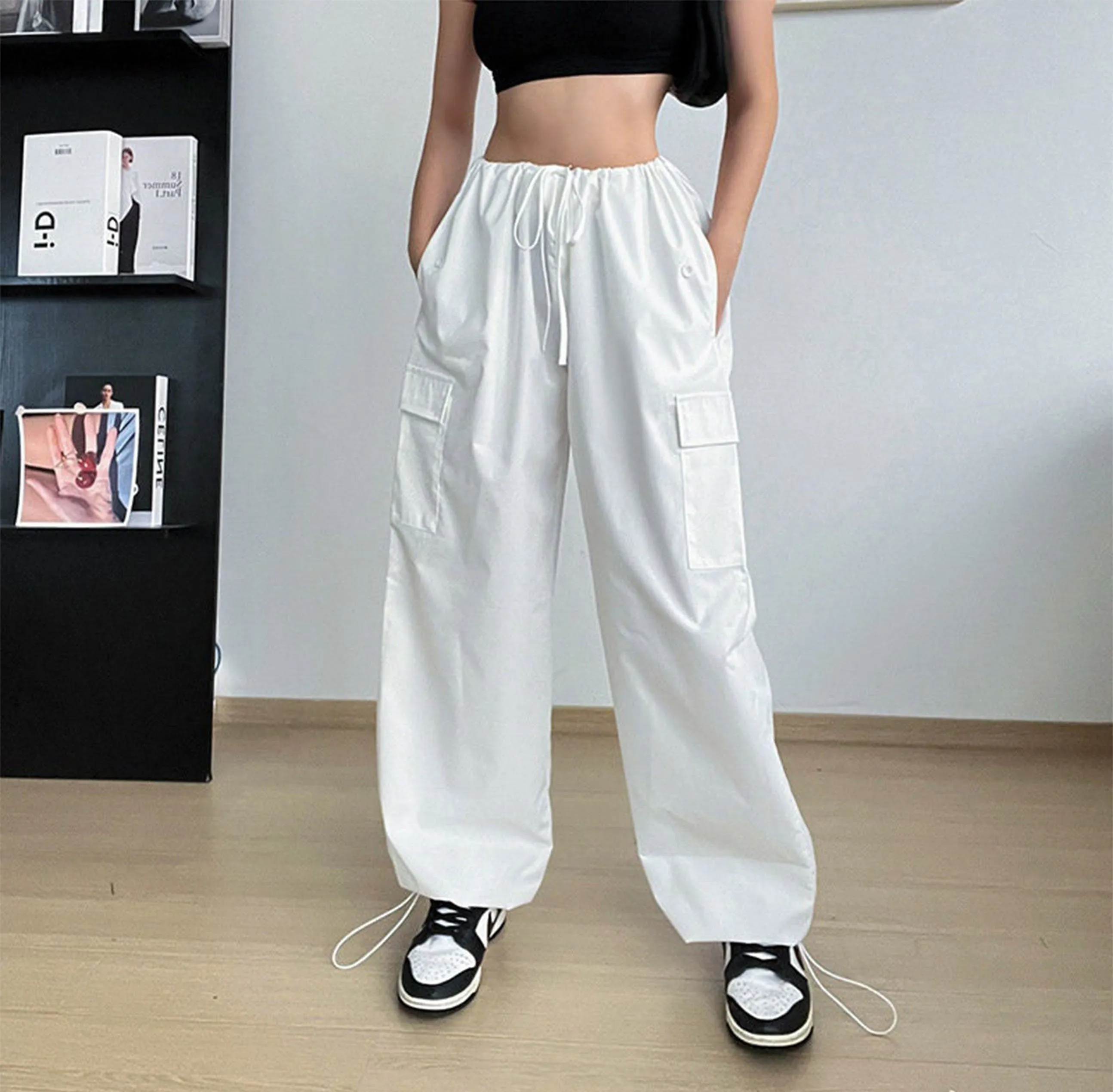 Women's Clothing Wide Leg Loose Plus Size Tether Straight Cargo Pants Women, Elastic Waist Pants, Baggy Cargo Pants, Casual Streetwear Pants