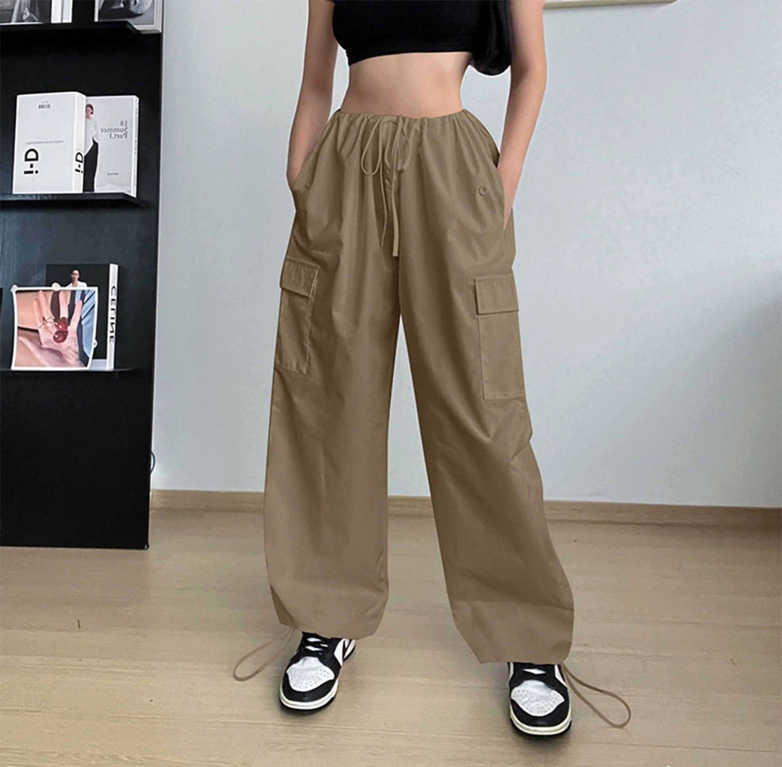 Women's Clothing Wide Leg Loose Plus Size Tether Straight Cargo Pants Women, Elastic Waist Pants, Baggy Cargo Pants, Casual Streetwear Pants