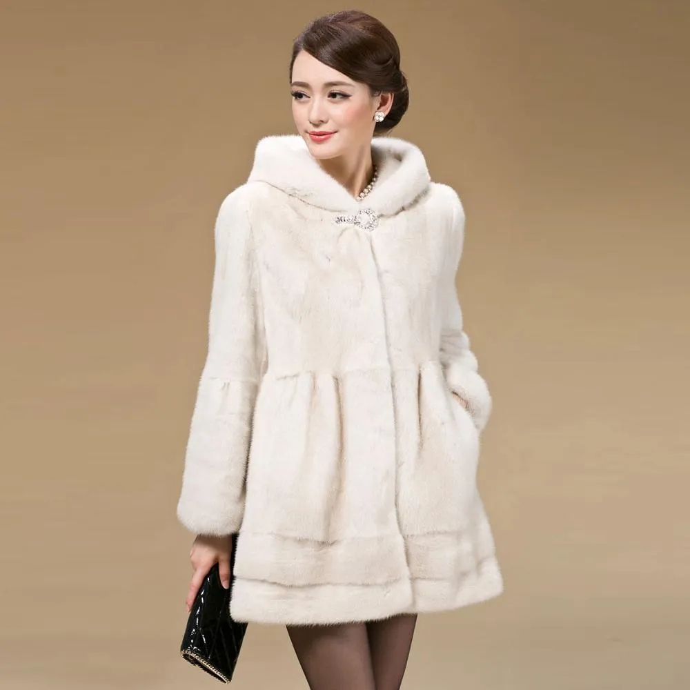 Women's Coats Real Mink Fur Coat Hoodie Slim Waist Style 16054