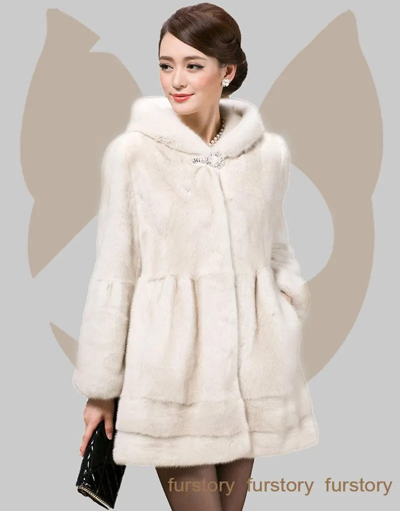 Women's Coats Real Mink Fur Coat Hoodie Slim Waist Style 16054