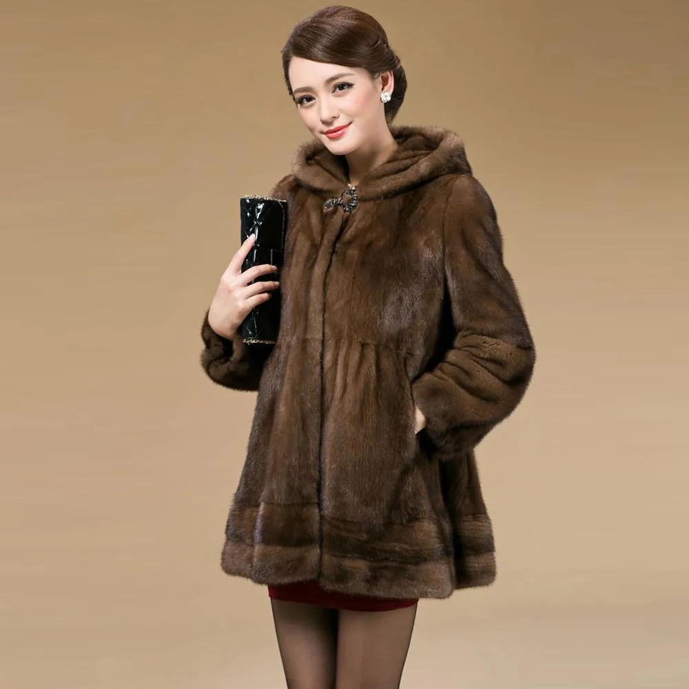 Women's Coats Real Mink Fur Coat Hoodie Slim Waist Style 16054