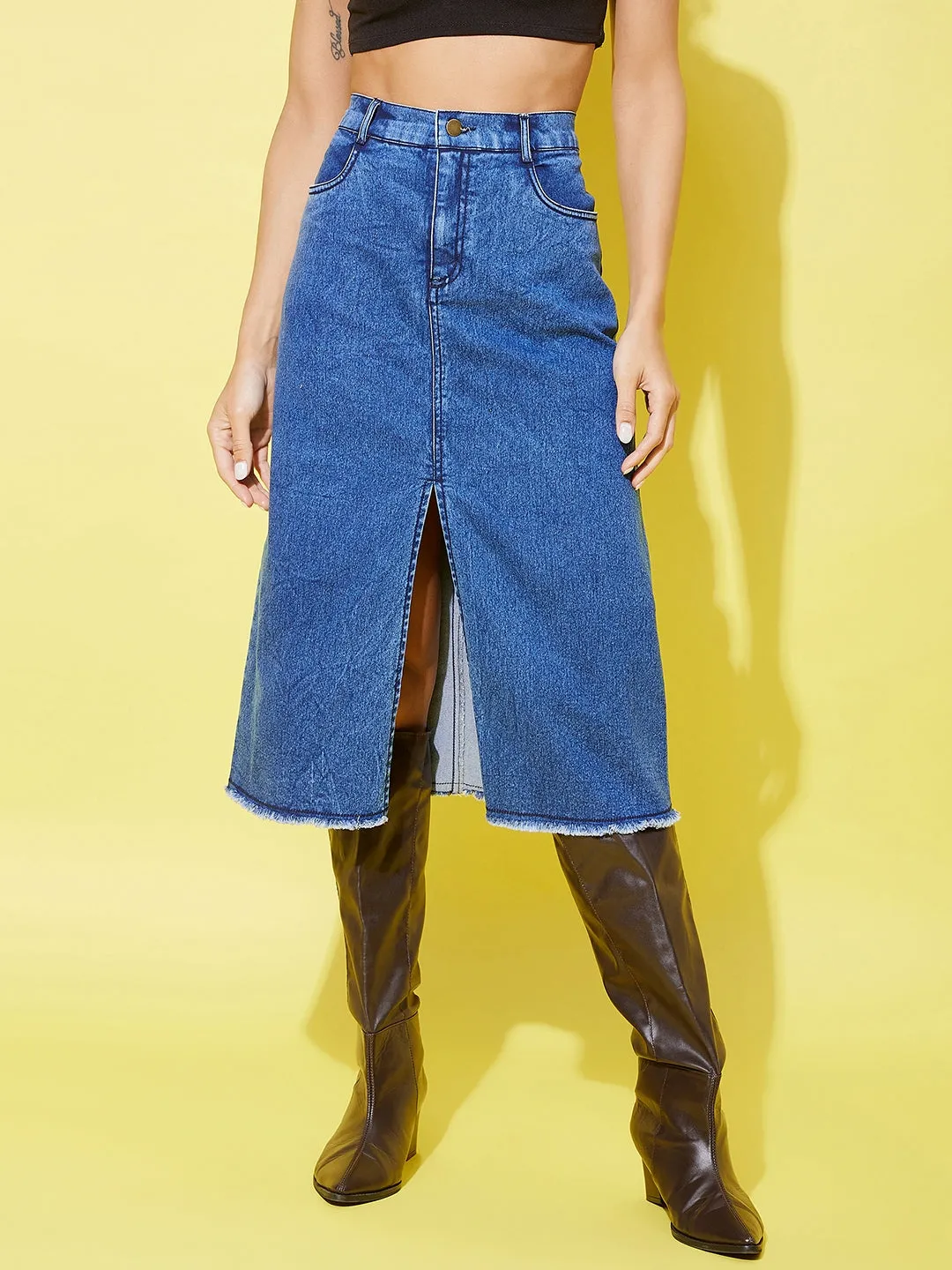 Women's Denim Midi Skirt With Center Slit - StyleStone