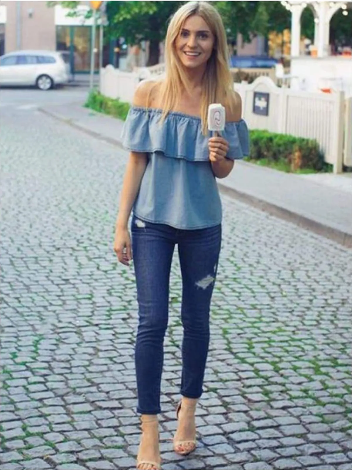 Women's Denim Off The Shoulder Ruffle Sleeve Blouse