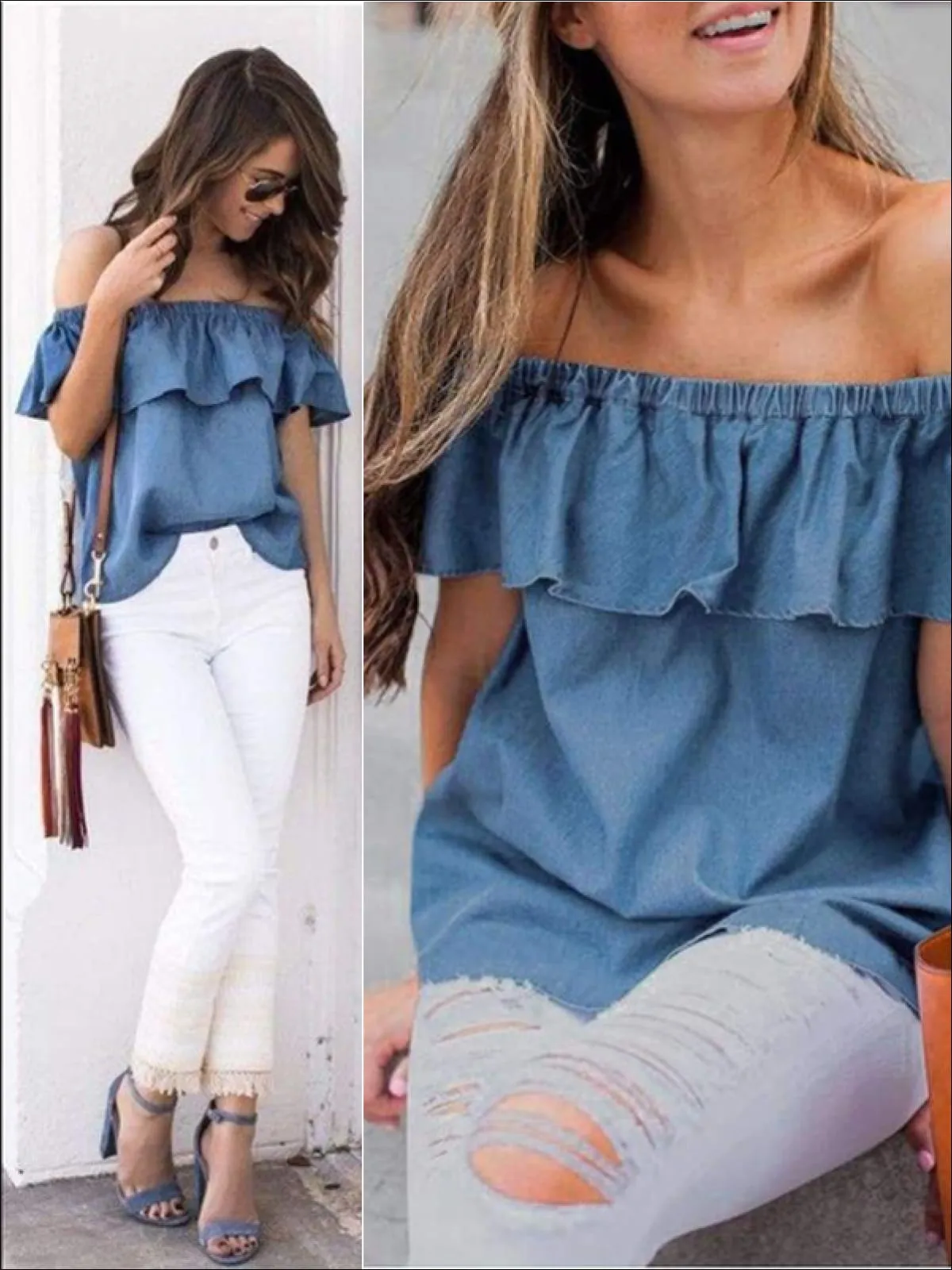 Women's Denim Off The Shoulder Ruffle Sleeve Blouse