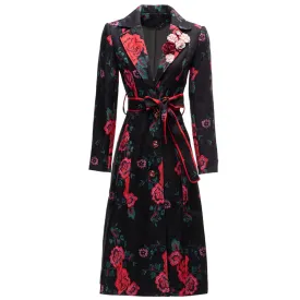 Women's Elegant Black Floral Long Trench Coat