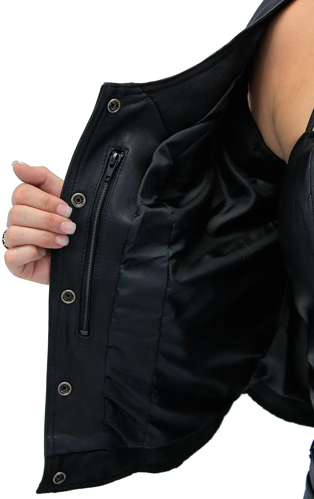 Women's Eyelet Lace Concealed Pocket Black Leather Vest #VL1038EYGK