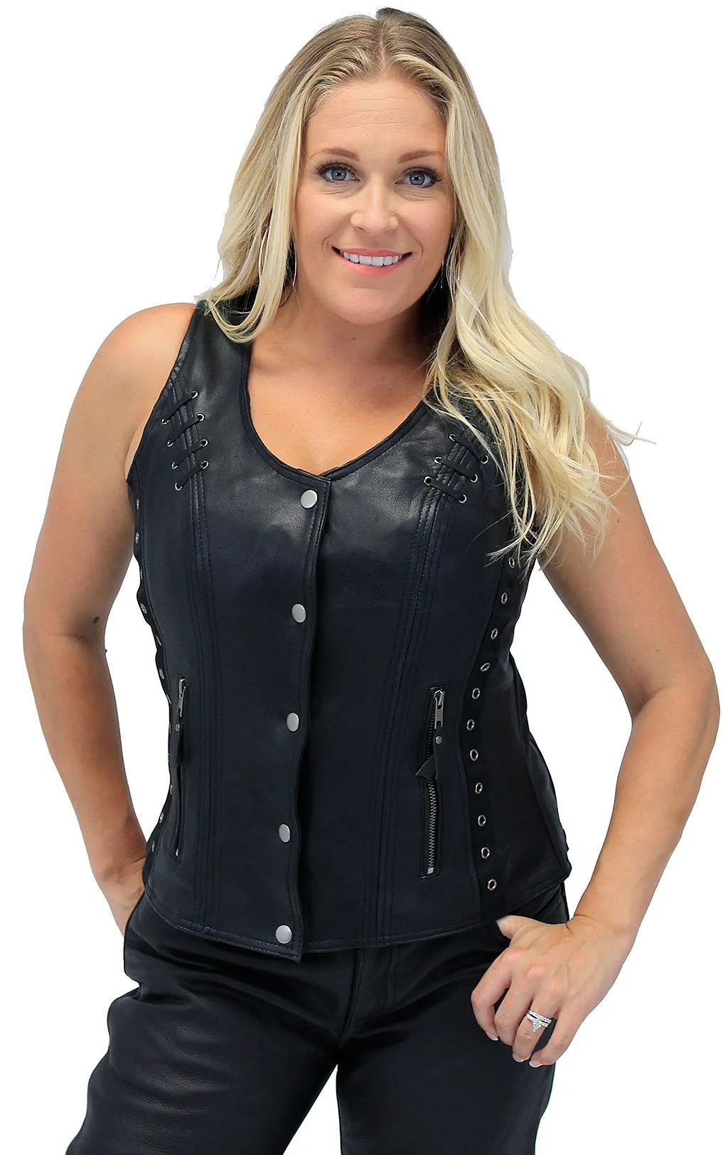 Women's Eyelet Lace Concealed Pocket Black Leather Vest #VL1038EYGK