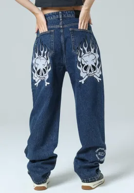 Womens Flaming Skull Relaxed Fit Denim Trousers Jeans - Indigo