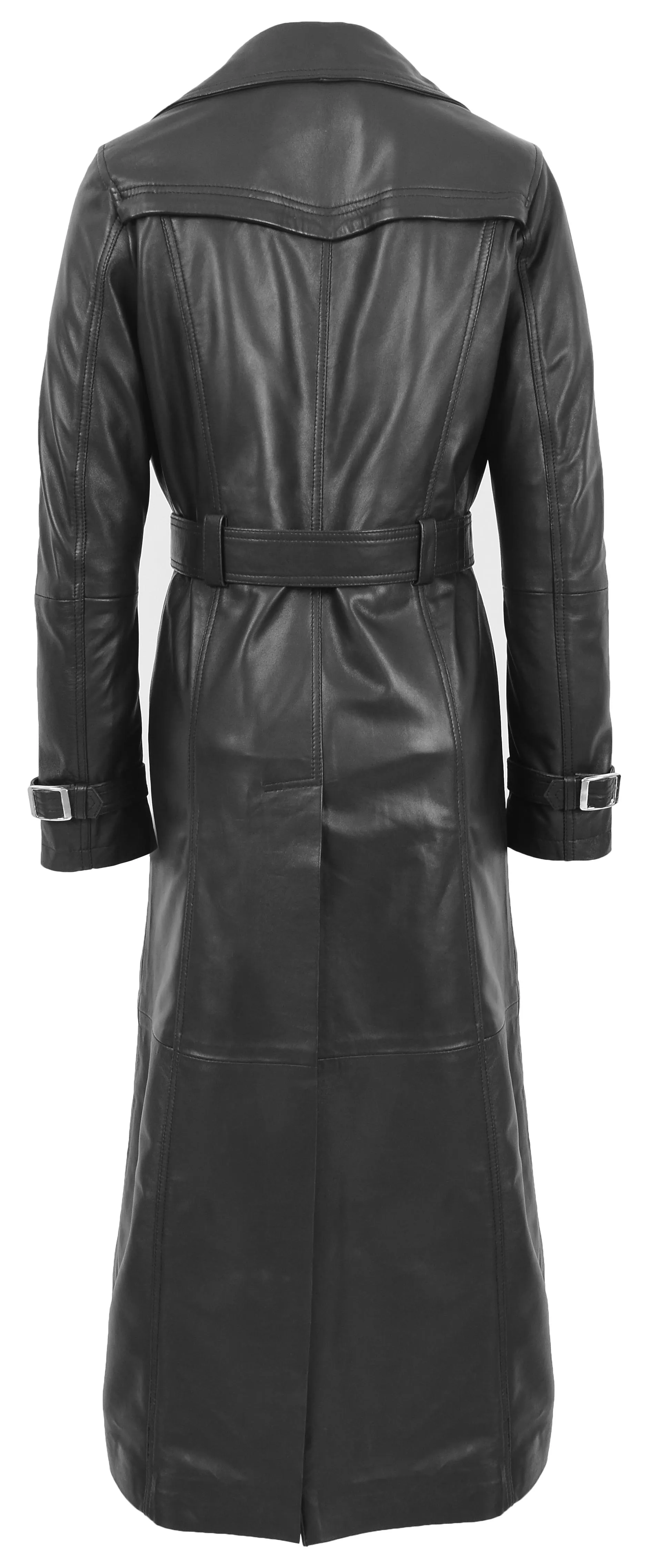 Womens Full Length Long Black Leather Trench Coat Trinity