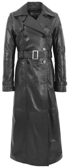 Womens Full Length Long Black Leather Trench Coat Trinity