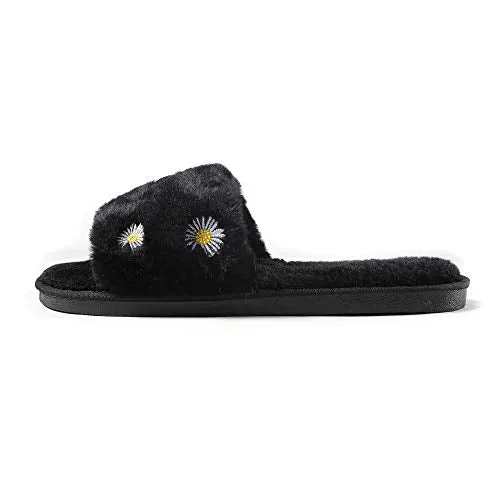 Women's Furry Slippers Fluffy Fur Slippers Daisy Open Toe House Slippers(Black,7.5-8)