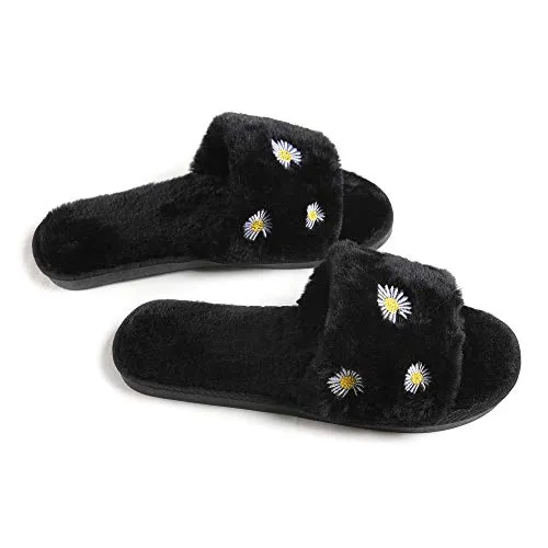 Women's Furry Slippers Fluffy Fur Slippers Daisy Open Toe House Slippers(Black,7.5-8)