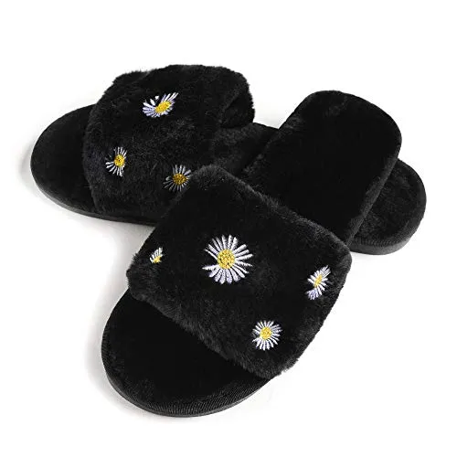 Women's Furry Slippers Fluffy Fur Slippers Daisy Open Toe House Slippers(Black,7.5-8)